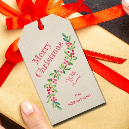 Waterverf Holly en Berries Swag Kerstmis Cadeaulabel