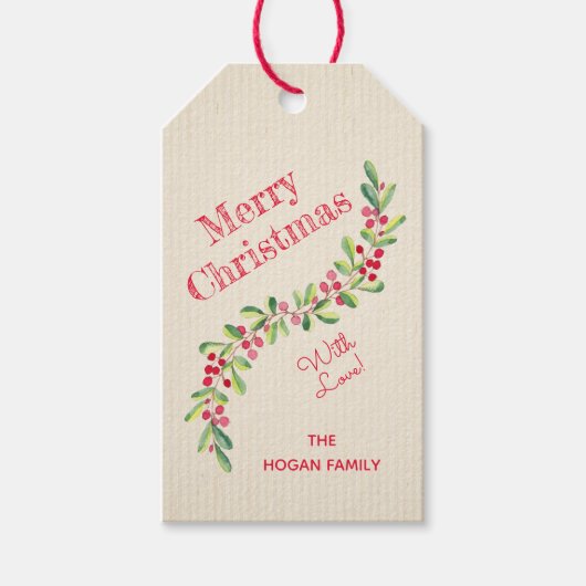 Waterverf Holly en Berries Swag Kerstmis Cadeaulabel (Voorkant)