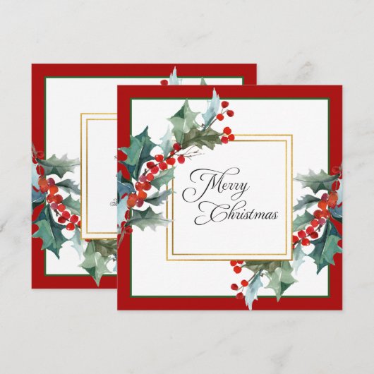 Waterverf Holly en bessen Botanische Kerst Feestdagenkaart (Voorkant / Achterkant)