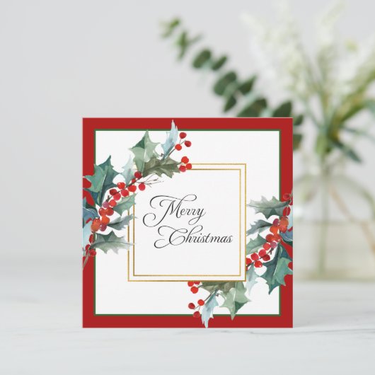 Waterverf Holly en bessen Botanische Kerst Feestdagenkaart (Staand voorkant)