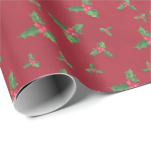 Waterverf Holly en bessen op rode kerst Cadeaupapier