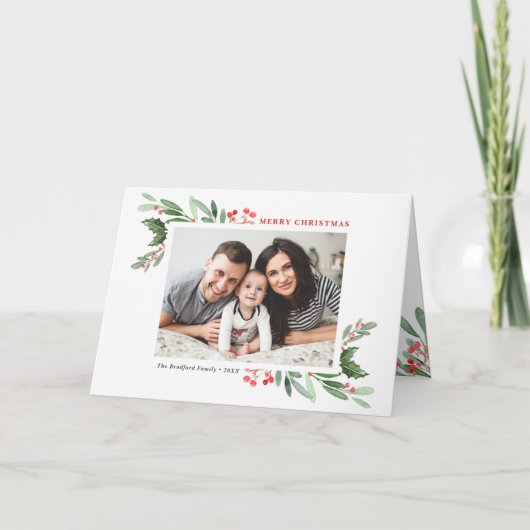 Waterverf Holly en Greenery II Vrolijk kerstfeest Feestdagen Kaart (Voorkant)