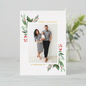 Waterverf Holly en Greenery Merry Chrismas Foto Folie Feestdagenkaart (Staand Voorkant)