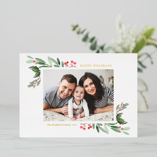 Waterverf Holly en Greenery Prettige feestdagen (Staand Voorkant)