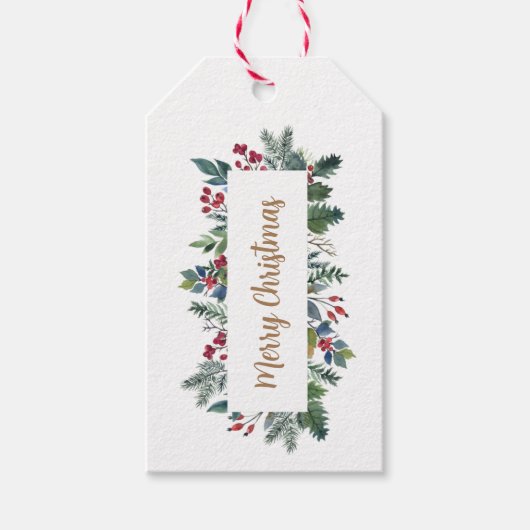 Waterverf Holly en kerstboomkersen Cadeaulabel (Voorkant)