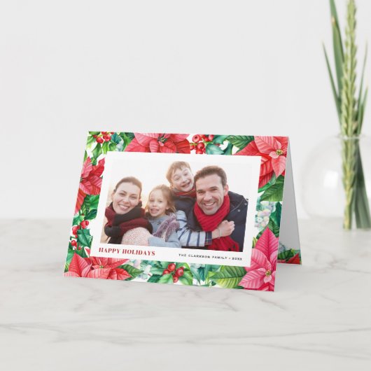 Waterverf Holly en Poinsettia Foto Kerst Feestdagen Kaart (Voorkant)
