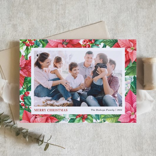 Waterverf Holly en Poinsettia Foto Kerst Feestdagenkaart