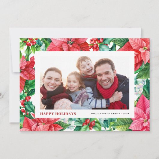 Waterverf Holly en Poinsettia Foto Kerst Feestdagenkaart (Voorkant)
