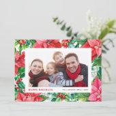 Waterverf Holly en Poinsettia Foto Kerst Feestdagenkaart (Staand voorkant)