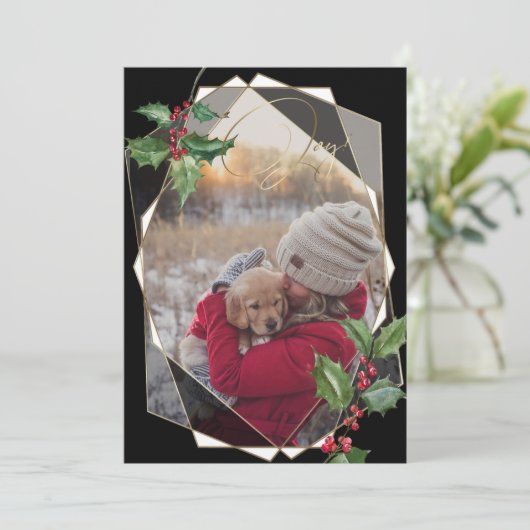 Waterverf Holly en Red Berries Black Kaart (Staand voorkant)