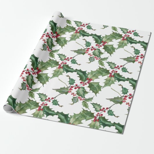 Waterverf Holly en Red Berries Cadeaupapier (Uitgerold)