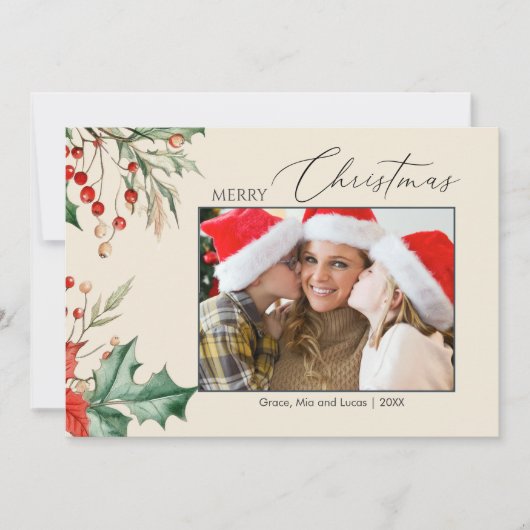 Waterverf Holly Familie Foto Kerst Feestdagenkaart (Voorkant)