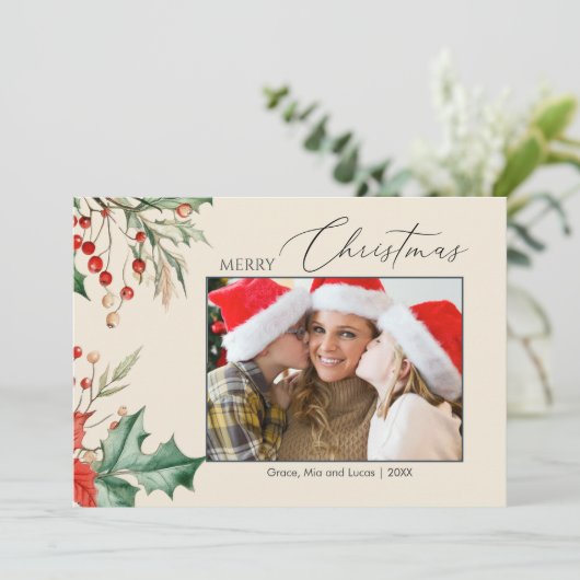 Waterverf Holly Familie Foto Kerst Feestdagenkaart (Staand voorkant)