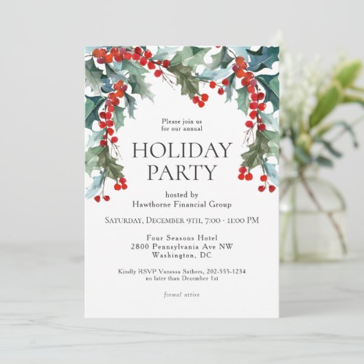 Waterverf Holly Festive Holiday Party Kaart (Staand voorkant)