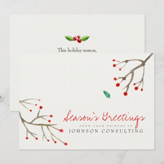 Waterverf Holly Foliage | Groeten van het seizoen Feestdagenkaart (Voorkant / Achterkant)