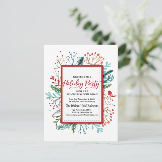 Waterverf Holly Foliage Holiday Party Uitnodiging (Staand voorkant)
