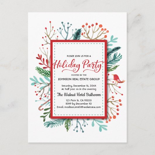 Waterverf Holly Foliage Holiday Party Uitnodiging (Voorkant)
