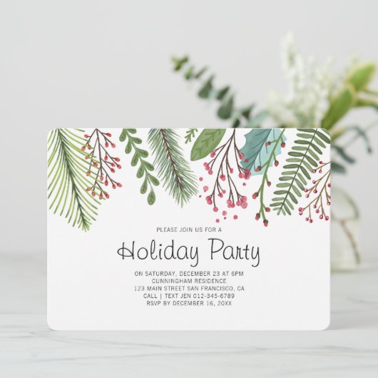 Waterverf Holly Foliage Holiday Party Uitnodiging (Staand voorkant)