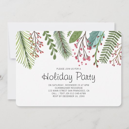 Waterverf Holly Foliage Holiday Party Uitnodiging (Voorkant)