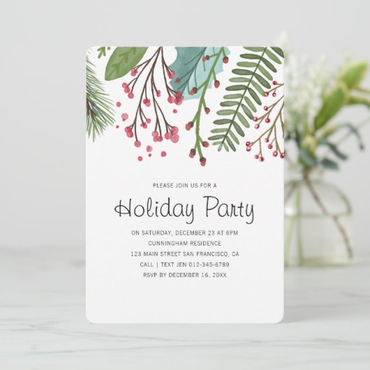 Waterverf Holly Foliage Holiday Party Uitnodiging (Staand voorkant)