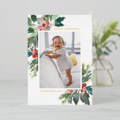 Waterverf Holly Gold Foil - kerstfoto Folie Feestdagenkaart (Staand Voorkant)