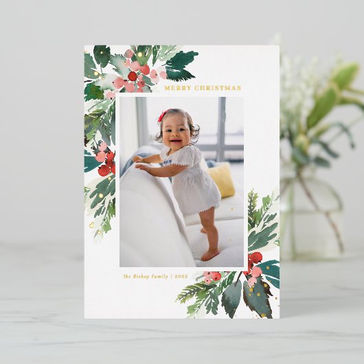 Waterverf Holly Gold Foil - kerstfoto Folie Feestdagenkaart (Staand Voorkant)