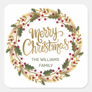 Waterverf Holly & gouden denden kerstmis Vierkante Sticker