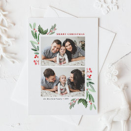 Waterverf Holly Greenery 2-fotokerstfeest Feestdagenkaart