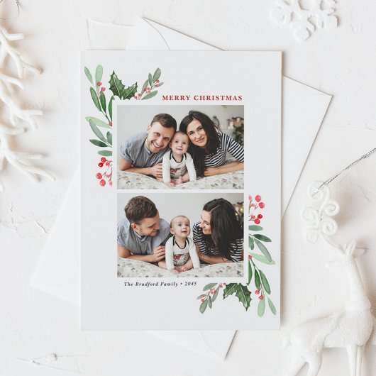 Waterverf Holly Greenery 2-fotokerstfeest Feestdagenkaart