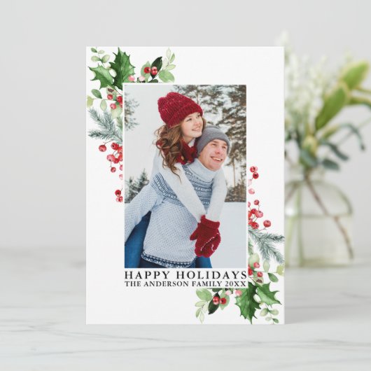 Waterverf Holly Greenery Foto Feestdagenkaart (Staand voorkant)