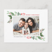 Waterverf Holly Greenery Foto Merry Kerstmis Feestdagenkaart (Voorkant)
