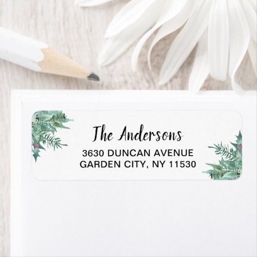 Waterverf Holly Greenery-kerstnamenadres Etiket (Insitu)