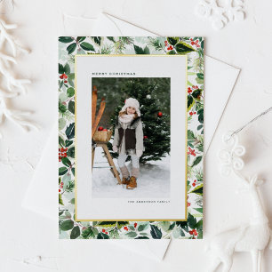 Waterverf Holly Greenery Patroon Foto Kerst Folie Feestdagen Briefkaart