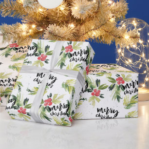 Waterverf Holly Greenery Pattern Vrolijk Kerstfees Cadeaupapier
