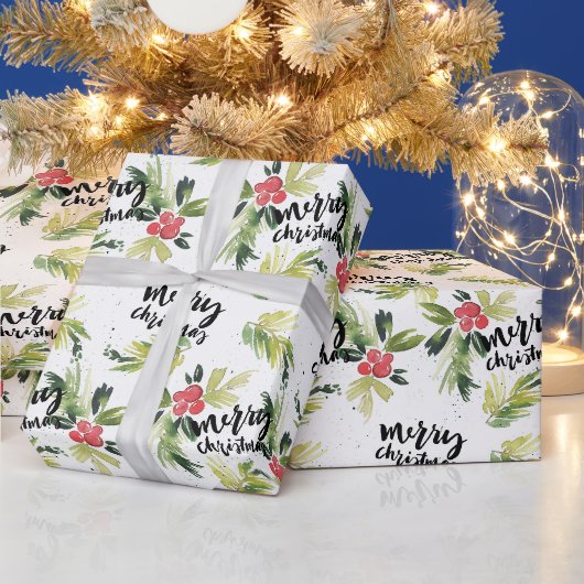 Waterverf Holly Greenery Pattern Vrolijk Kerstfees Cadeaupapier (Feestdagen)