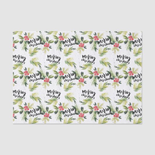 Waterverf Holly Greenery Pattern Vrolijk Kerstfees Tissuepapier (Voorkant)