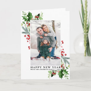 Waterverf Holly Greenery Photo New Year Fold Feestdagen Kaart