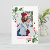 Waterverf Holly Greenery Season's Groeten Rood Feestdagenkaart (Staand voorkant)