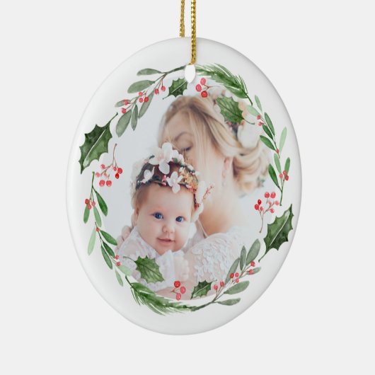 Waterverf Holly Greenery Wreath kerstfoto Keramisch Ornament (Rechts)