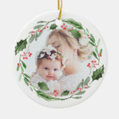 Waterverf Holly Greenery Wreath kerstfoto Keramisch Ornament (Voorkant)