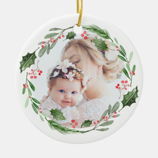 Waterverf Holly Greenery Wreath kerstfoto Keramisch Ornament (Voorkant)