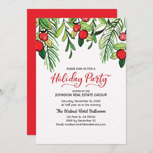 Waterverf Holly Holiday Party Uitnodiging (Voorkant / Achterkant)