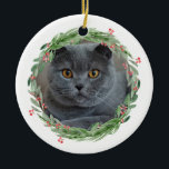 Waterverf Holly Jolly Christmas Pet Foto Keramisch Ornament<br><div class="desc">Holly jolly waterverf kerstgroet foto ornament met elegante handschrift typografie gezegde "poten,  geloof en liefde" aanpasbaar met uw eigen kat- of hondenfoto.</div>