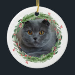 Waterverf Holly Jolly Christmas Pet Foto Keramisch Ornament<br><div class="desc">Holly jolly waterverf kerstgroet foto ornament met elegante handschrift typografie gezegde "poten,  geloof en liefde" aanpasbaar met uw eigen kat- of hondenfoto.</div>