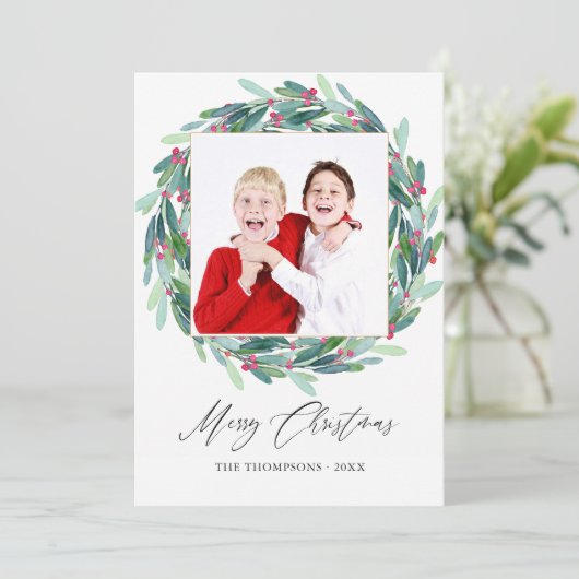 Waterverf Holly Jolly kerstfoto Kaart (Staand voorkant)