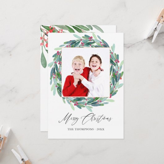 Waterverf Holly Jolly kerstfoto Kaart (Voorkant / Achterkant in situ)