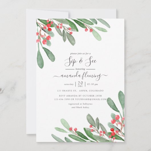 Waterverf Holly Jolly Kerstmis Sip en See Kaart (Voorkant)