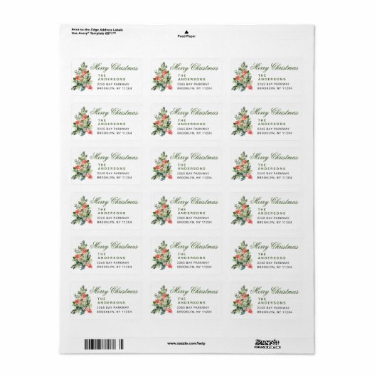 Waterverf Holly kerstboomruitenblad Etiket (Full Sheet)