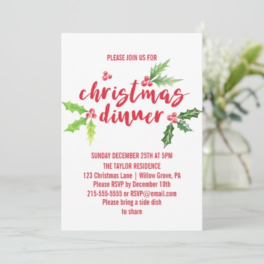 Waterverf Holly Kerstdiner Kaart (Staand voorkant)
