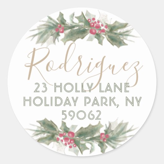 Waterverf Holly-kerstlabel Ronde Sticker (Voorkant)